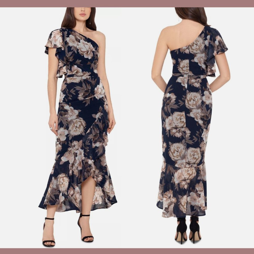 NWT Betsy & Adam [ 12 ] Midi One Shoulder Chiffon‎ Dress in Navy Floral